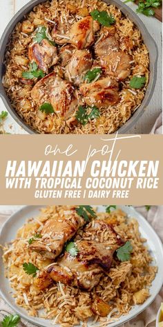 one pot hawaiian chicken with tropical coconut rice is an easy and delicious dinner that's ready in under 30 minutes