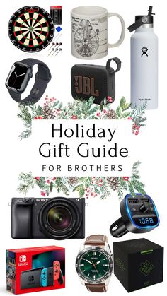 the holiday gift guide for brothers is on display in front of a white background with red, green and blue decorations