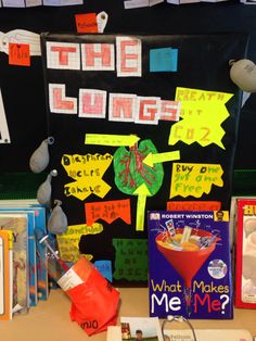 a table topped with lots of books next to a sign that says what makes me?