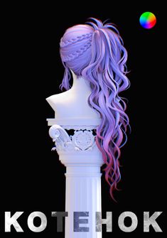 a white statue with long purple hair on it's head and the words kotehok above it