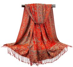 "Beautiful women head scarves or stoles made up of double layered pashmina with traditional Indian paisley pattern all over it.A unique combination of scarlet red, gray and dark red. These are medium weight scarves sized perfectly to be used as wrap, shawl or stole. Great for layering in the winter or fall and perfect for adding a style in summer or spring. Reversible two sided scarves will make a perfect Christmas gift or rave scarf. ~~Item details~~ Quantity: 1 rectangular long scarf Material: viscose jacquard Length: approx. 76.5 inches ( 195 cm) Width: approx. 27.5 inches ( 70 cm) Fringes: 3\" on both ends ~~Care Instructions~~ Gentle cold hand wash separately Do not bleach Iron Cool Do not tumble dry, Keep away from heat ~~Shipping Policy~~ We ship on same business day if order is pla Arabian Scarf, Women Head Wraps, Wedding Pashmina, Indian Scarf, Indian Paisley, Fancy Scarf, Winter Shawl, Head Scarves, Scarf Material