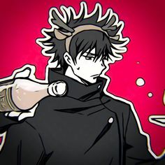 an anime character with black hair wearing a black coat and holding a beer in his hand