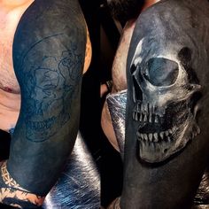 two different images of the same person with tattoos on their arms and shoulder, one has a skull in it