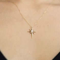 This stunning 14k Solid Gold Pole Star Necklace is the perfect gift for your special someone. Featuring a delicate North Star pendant crafted from real gold, this necklace is a beautiful symbol of guidance and hope. Whether you're looking for a birthday gift, anniversary gift, or a thoughtful surprise for your girlfriend, this elegant piece is sure to make a lasting impression.  *Free Express International Shipping *Free returns within 14 days from the order date. *14K solid gold chain is includ Fine Jewelry Star-shaped Necklace For Anniversary, 14k Gold Star Charm Jewelry Gift, Star-shaped Fine Jewelry Necklace For Anniversary, 14k Gold Jewelry With Star Charm Gift, Delicate 14k Gold Star Necklace, Elegant Starburst Necklaces For Gifts, Star-shaped Yellow Gold Birthstone Necklace, 14k Gold Starburst Jewelry For Gift, 14k Gold Starburst Jewelry Gift