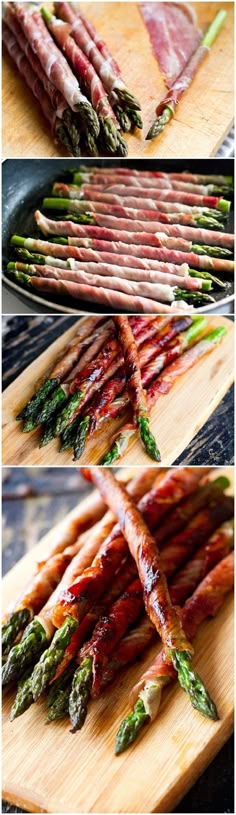 bacon wrapped asparagus on a cutting board next to a griddle of skewers