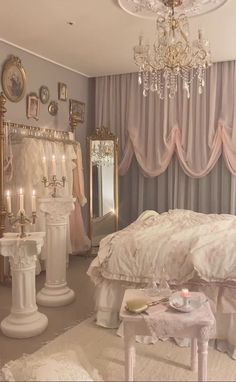 a bedroom with pink and white decor, chandelier, bed, tables, and curtains