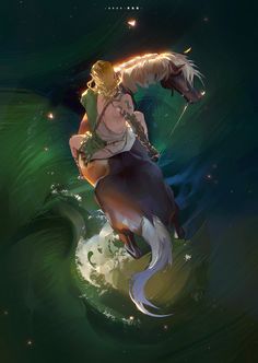 a woman riding on the back of a brown horse over a green ocean with stars