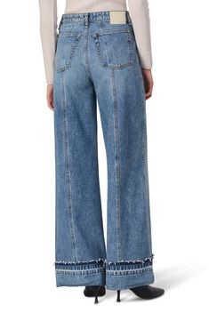 Featuring a wide-leg silhouette, these nonstretch jeans are fashioned with front patch pockets and end in raw-edge cuffs. 32" inseam; 26" leg opening; 12 1/2" front rise; 15 1/2" back rise (size 29) Zip fly with button closure Front patch pockets; back patch pockets 100% cotton Machine wash, line dry Imported How To Widen Jeans Leg, Jeans Refashion, Jean Trousers, Downtown Aesthetic, American Workwear, High Rise Wide Leg Jeans, Pants Denim, Indian Photoshoot, Older Women Fashion