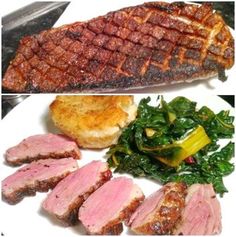 there are two pictures of meat and vegetables on the plate