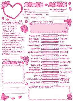 a pink and white page with hearts, flowers and other things to write on it