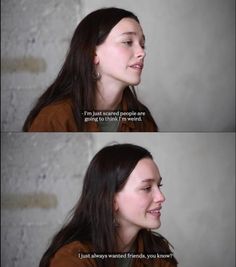 two different pictures of a woman with long hair and brown shirt, one has her eyes closed