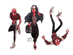 three different poses of spider - man with their hands in the air