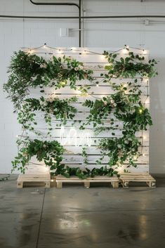 a white wall with plants growing on it and some lights hanging from the ceiling above