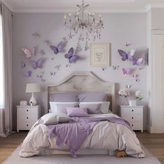 a bedroom decorated in lavender and white with butterflies on the wall