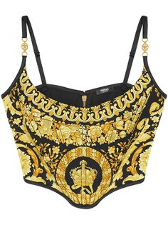 black/gold-tone satin finish signature Barocco print corset style Medusa plaque detail boned bodice scoop neck rear zip fastening adjustable spaghetti straps asymmetric hem Versace Bustier, Versace Clothes Women, Versace Corset, Versace Aesthetic, Versace Clothes, Prada Outfits, Corset Top Black, Versace Skirt, Dress Reference