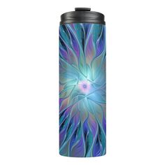 a blue and purple flower design on a black metal flask bottle with an insulated lid