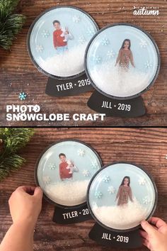 two snow globes that have people in them and the words photo snow globe craft on them