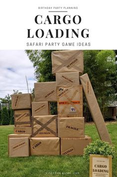 cardboard boxes stacked on top of each other with the words cargo loading next to them