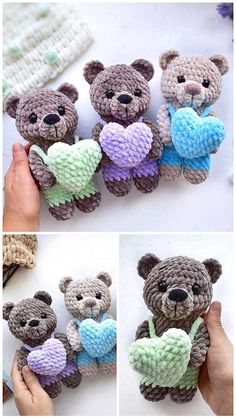 crocheted teddy bears with hearts are shown in three different pictures, one is brown and the other is blue