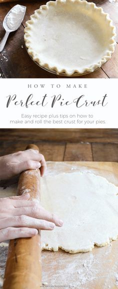 a person rolling out dough on top of a wooden table next to a pie crust