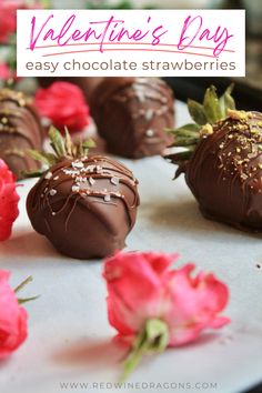 valentine's day chocolate strawberries on a tray with pink flowers in the background