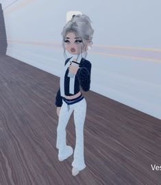 an animated image of a woman in white pants and black jacket standing on a wooden floor