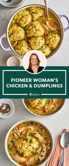 a woman is cooking chicken and dumplings in a skillet with the words, phoneer woman's chicken and dumplings