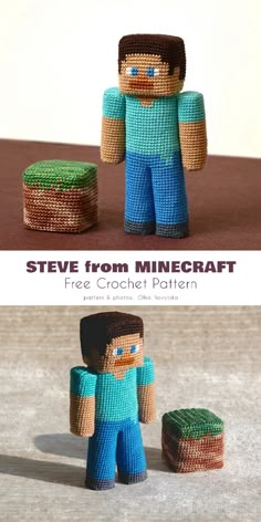 an image of a man made out of crochet yarn with the text steve from minecraft free crochet pattern