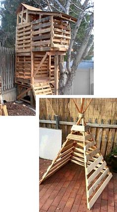 several pictures of different types of wooden structures in the yard, including a tree house