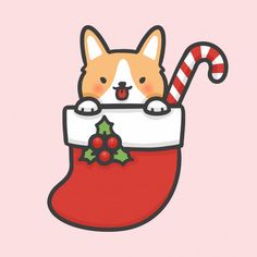 a corgi dog peeking out of a christmas stocking with candy canes