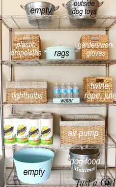 a metal shelving unit filled with lots of food items and labeled labels on the shelves