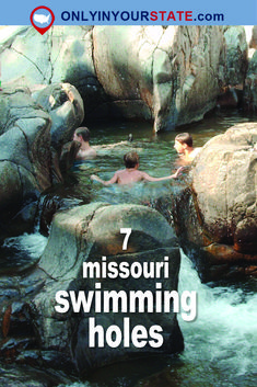 people swimming in a river surrounded by rocks with the words 7 missouri swimming holes on it