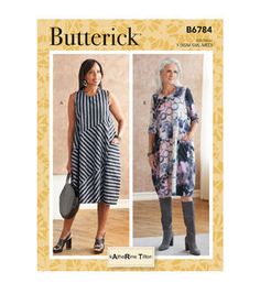 two women in dresses and boots standing next to each other with the words butterick on them