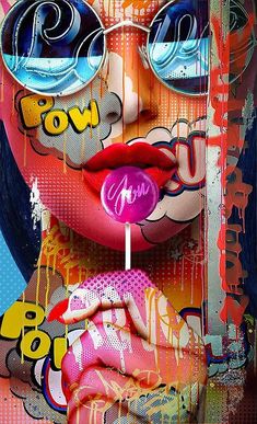 a woman's face is covered in colorful images and text, with a lollipop stick sticking out of her mouth