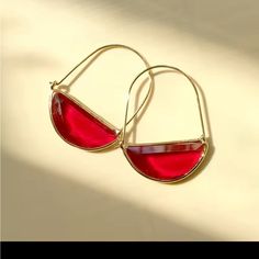 Anthropologie Crescent Hoop Earrings Gold Plated Metal Approx Size 1-1/2l, 1-1/4w Elegant And Chic: These European Style Semi-Circular Earrings Are Designed To Add A Touch Of Sophistication To Any Outfit. Eye-Catching Design: The Vibrant Red Color And Sparkling Zircon Stones Make These Earrings A Statement Piece That Will Turn Heads. High-Quality Materials: Made With Transparent Acrylic And Durable Zircon Stones, These Earrings Are Built To Last And Maintain Their Shine. Versatile Style: Perfect Trendy Red Circular Jewelry, Trendy Red Nickel-free Hoop Earrings, Elegant Red Metal Hoop Earrings, Trendy Red Metal Hoop Earrings, Trendy Red Metal Earrings, Trendy Red Dangle Hoop Earrings, Trendy Small Hoop Red Earrings, Elegant Red Hoop Earrings With Ear Wire, Trendy Small Red Hoop Earrings