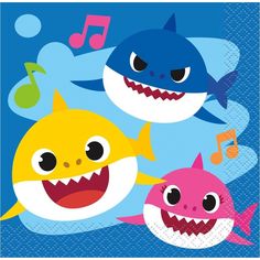 three cute little sharks with music notes on their ears and mouths, all in different colors