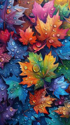 an oil painting of colorful leaves with water droplets on them, all in different colors