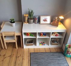 a small child's playroom with toys and bookshelves on the floor