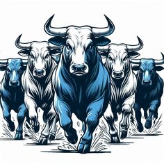 a group of bulls running across a field with their heads turned to the side, in blue and white