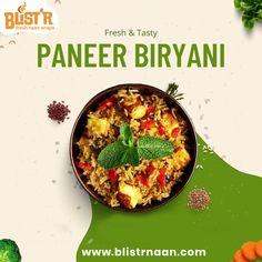 an advertisement for fresh and tasty paneer biriyani with vegetables on the side