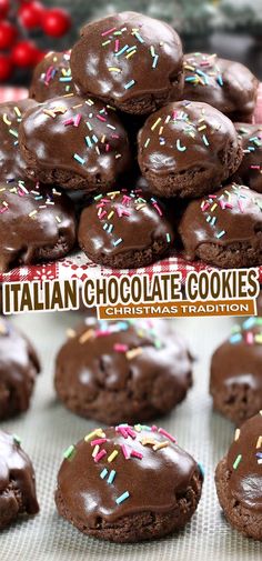 chocolate cookies with sprinkles are stacked on top of each other and the words italian chocolate cookies above them