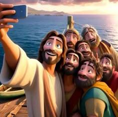 jesus is taking a selfie with his friends on the deck of a boat at sunset