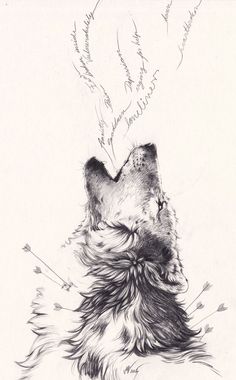 a drawing of a dog's head with the words written on it and an arrow in its mouth