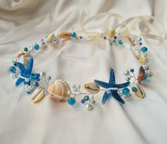 Ocean Theme Wedding Dress, Ocean Accessories Aesthetic, Ocean Themed Hair Accessories, Ocean Aesthetic Wedding, Ocean Hair Accessories, Sea Themed Accessories, Beach Wedding Bridesmaid Dresses Blue, Ocean Themed Wedding Dress, Ocean Headpiece