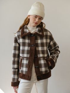 Editor's NotesSoft and structured, this cozy coat features wide collar detail and has casual plaid pattern throughout. It is accentuated with furry edges and leather-like trimming throughout. - Natural, relaxed silhouette- Plaid pattern for casual mood- Trendy toggle button detail- Side slit pockets- Versatile styling and easy layeringMeasurements(in.)Size One Size(XS-M)- Length: 23.23 in - Bust: 44.09 in - Shoulder: 21.26 in - Sleeve: 21.65 in * Model info: Height 5' 6C Plaid Winter Coat, Straight Cut Pants, Toggle Button, Winter Plaid, Cozy Coats, Duffle Coat, Short Coat, Fashion Sale, Cut Shirts