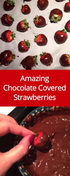 chocolate covered strawberries are being dipped with melted chocolate and sprinkled with strawberrys