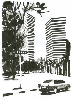 black and white drawing of cars parked in front of tall buildings