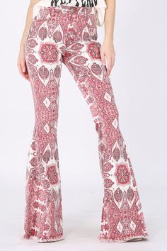 Zipper down with button lock. Pockets in front and back. cotton/spandec Red Fitted Cotton Pants, Fitted Red Cotton Pants, Vibe Tribe, Printed Flare Pants, Hippie Vibes, Flared Pants, Blue Paisley, Flare Pants, Paisley Print