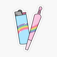 a pink and blue water bottle next to a rainbow sticker on a white background