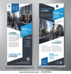 two roll up banner templates with blue and black shapes on the sides, in front of